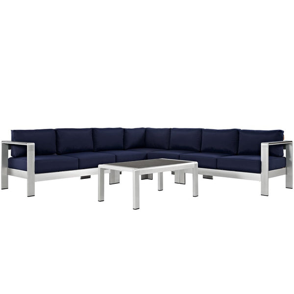 Modway Furniture Shore 6-Piece Modular Outdoor Aluminum Sectional Sofa Set with Plush Cushions for Relaxed Comfort Silver Navy EEI-2561-SLV-NAV