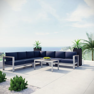 Modway Furniture Shore 6-Piece Modular Outdoor Aluminum Sectional Sofa Set with Plush Cushions for Relaxed Comfort Silver Navy EEI-2561-SLV-NAV