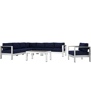 Modway Furniture Shore 7-Piece Outdoor Patio Sectional Sofa Set - Modern All-Weather Comfort for Stylish Gatherings Silver Navy EEI-2562-SLV-NAV