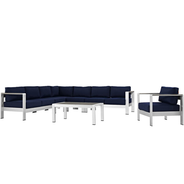 Modway Furniture Shore 7-Piece Outdoor Patio Sectional Sofa Set - Modern All-Weather Comfort for Stylish Gatherings Silver Navy EEI-2562-SLV-NAV