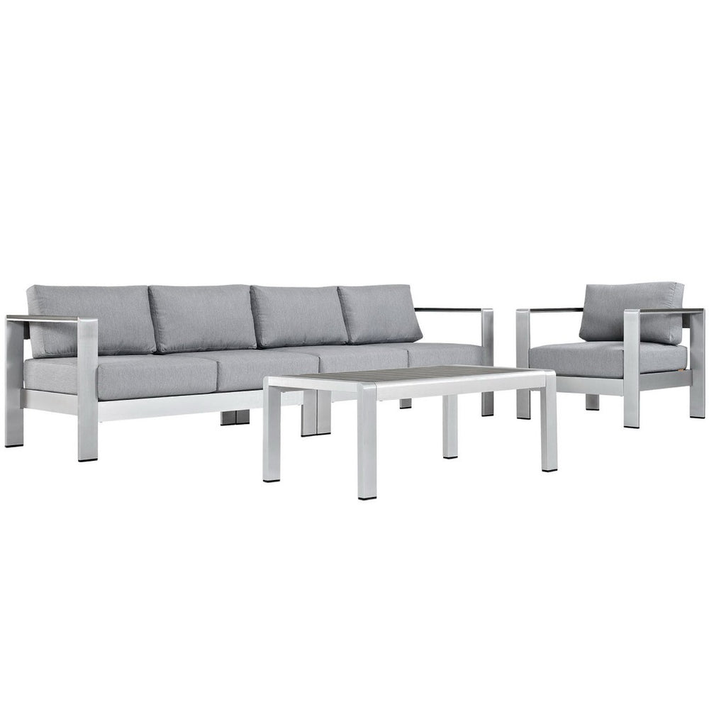 Modway Furniture Shore 4 Piece Outdoor Patio Aluminum Sectional Sofa Set for Stylish Comfort and Versatile Living Spaces Silver Gray EEI-2563-SLV-GRY