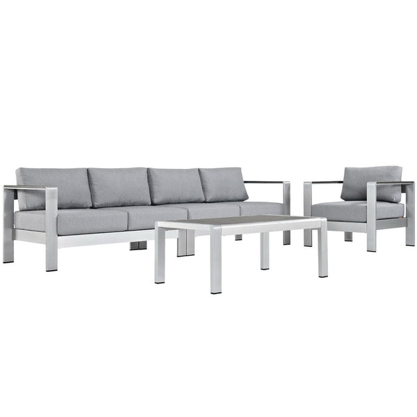 Modway Furniture Shore 4 Piece Outdoor Patio Aluminum Sectional Sofa Set for Stylish Comfort and Versatile Living Spaces Silver Gray EEI-2563-SLV-GRY