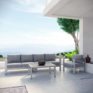 Modway Furniture Shore 4 Piece Outdoor Patio Aluminum Sectional Sofa Set for Stylish Comfort and Versatile Living Spaces Silver Gray EEI-2563-SLV-GRY