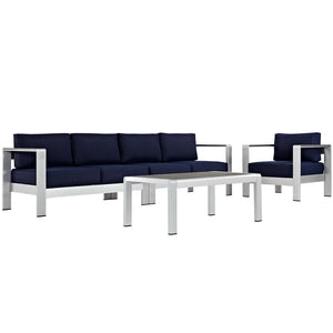 Modway Furniture Shore 4 Piece Outdoor Patio Aluminum Sectional Sofa Set for Stylish Comfort and Versatile Living Spaces Silver Navy EEI-2563-SLV-NAV