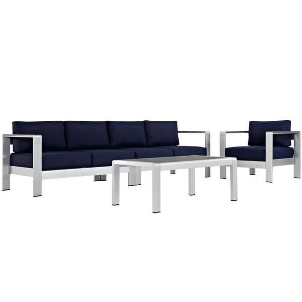 Modway Furniture Shore 4 Piece Outdoor Patio Aluminum Sectional Sofa Set for Stylish Comfort and Versatile Living Spaces Silver Navy EEI-2563-SLV-NAV