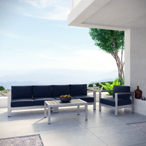 Modway Furniture Shore 4 Piece Outdoor Patio Aluminum Sectional Sofa Set for Stylish Comfort and Versatile Living Spaces Silver Navy EEI-2563-SLV-NAV