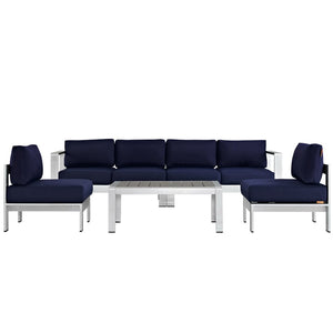 Modway Furniture Shore 5 Piece Outdoor Patio Sectional Sofa Set with Coffee Table for Stylish Alfresco Living Silver Navy EEI-2564-SLV-NAV