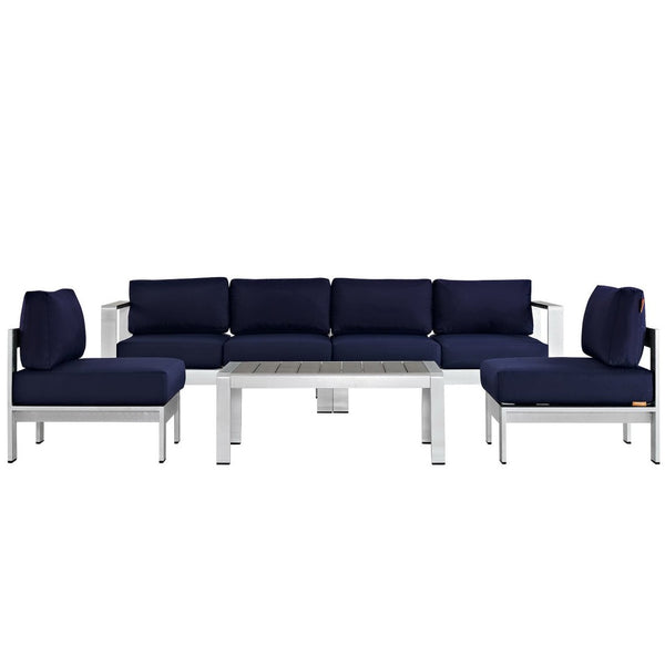 Modway Furniture Shore 5 Piece Outdoor Patio Sectional Sofa Set with Coffee Table for Stylish Alfresco Living Silver Navy EEI-2564-SLV-NAV