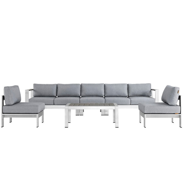 Modway Furniture Shore 6-Piece Outdoor Patio Sectional Sofa Set – Modern Aluminum Design for Stylish Gatherings Silver Gray EEI-2565-SLV-GRY