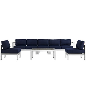 Modway Furniture Shore 6-Piece Outdoor Patio Sectional Sofa Set – Modern Aluminum Design for Stylish Gatherings Silver Navy EEI-2565-SLV-NAV