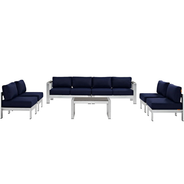 Modway Furniture Shore 7-Piece Modular Outdoor Patio Sectional Sofa Set by Modway for Stylish Gatherings & Comfort Silver Navy EEI-2566-SLV-NAV