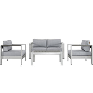 Modway Furniture Shore 4 Piece Modern Outdoor Patio Sectional Sofa Set – Durable Aluminum Frame & Plush Cushions Silver Gray EEI-2567-SLV-GRY