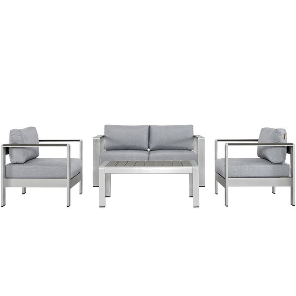 Modway Furniture Shore 4 Piece Modern Outdoor Patio Sectional Sofa Set – Durable Aluminum Frame & Plush Cushions Silver Gray EEI-2567-SLV-GRY