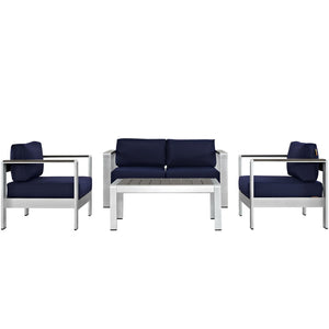 Modway Furniture Shore 4 Piece Modern Outdoor Patio Sectional Sofa Set – Durable Aluminum Frame & Plush Cushions Silver Navy EEI-2567-SLV-NAV