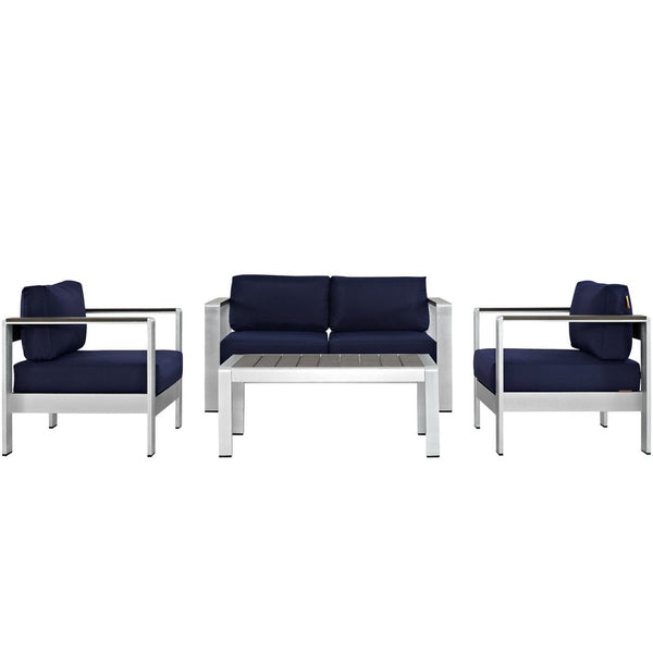 Modway Furniture Shore 4 Piece Modern Outdoor Patio Sectional Sofa Set – Durable Aluminum Frame & Plush Cushions Silver Navy EEI-2567-SLV-NAV