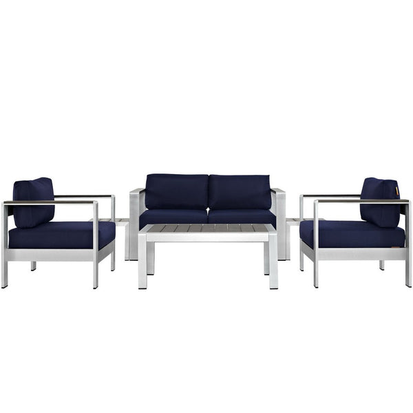 Modway Furniture Shore 6-Piece Outdoor Patio Sectional Sofa Set by Modway - Durable, Stylish, Weather-Resistant Comfort Silver Navy EEI-2568-SLV-NAV