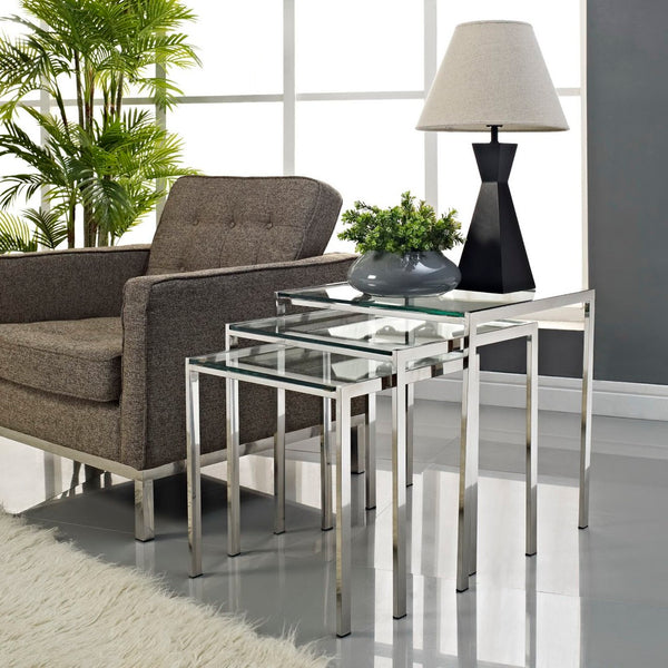 Modway Furniture Nimble Modern Nesting Table Set by Modway - Sleek Stainless Steel & Tempered Glass for Versatile Use EEI-257