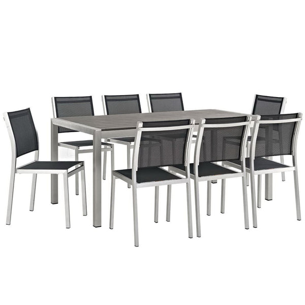 Modway Furniture Shore 9-Piece Outdoor Aluminum Dining Set - Stylish, Durable, Low-Maintenance Patio Furniture Solution EEI-2583-SLV-BLK-SET