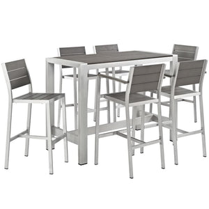 Modway Furniture Shore 7-Piece Outdoor Patio Dining Set - Stylish Aluminum Table & Comfortable Bar Stools for Entertaining EEI-2587-SLV-GRY-SET