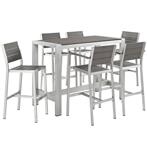 Modway Furniture Shore 7-Piece Outdoor Patio Dining Set - Stylish Aluminum Table & Comfortable Bar Stools for Entertaining EEI-2587-SLV-GRY-SET