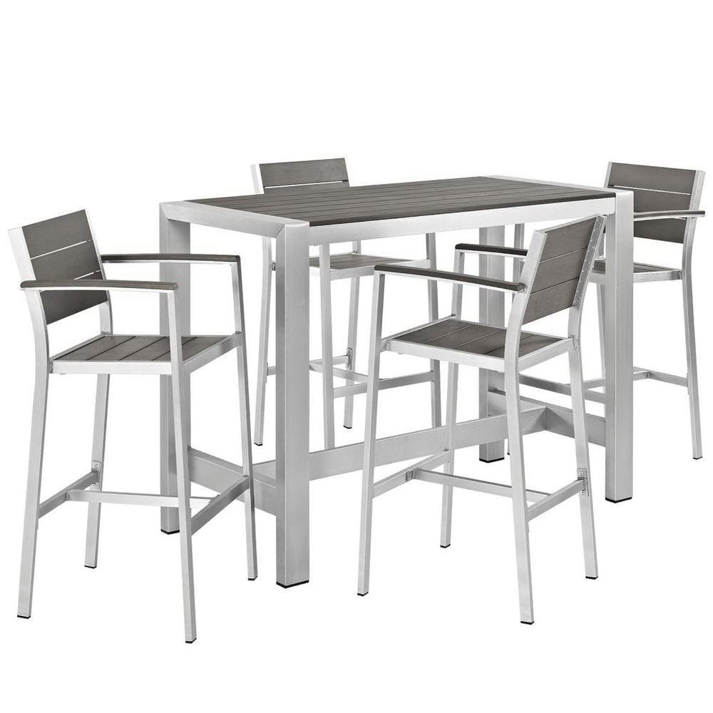 Modway Furniture Shore 5 Piece Outdoor Patio Dining Set – Modern Aluminum with Ergonomic Stools for Stylish Gatherings EEI-2588-SLV-GRY-SET