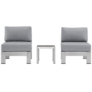 Modway Furniture Shore 3 Piece Outdoor Patio Sectional Sofa Set - Durable Aluminum Frame, Weather-Resistant Comfort Silver Gray EEI-2598-SLV-GRY