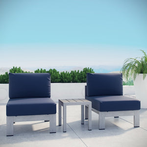 Modway Furniture Shore 3 Piece Outdoor Patio Sectional Sofa Set - Durable Aluminum Frame, Weather-Resistant Comfort Silver Navy EEI-2598-SLV-NAV