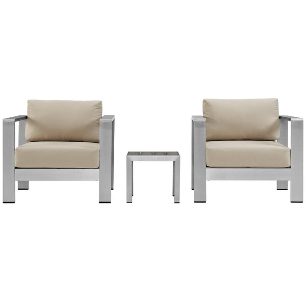 Modway Furniture Shore 3 Piece Outdoor Patio Aluminum Set - Modern Comfort with Weather-Resistant Cushions & Style Silver Beige EEI-2599-SLV-BEI
