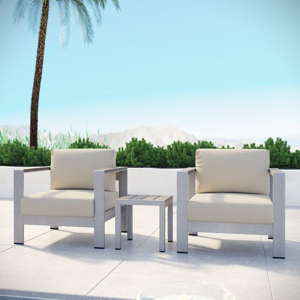 Modway Furniture Shore 3 Piece Outdoor Patio Aluminum Set - Modern Comfort with Weather-Resistant Cushions & Style Silver Beige EEI-2599-SLV-BEI