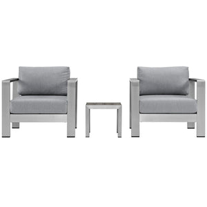 Modway Furniture Shore 3 Piece Outdoor Patio Aluminum Set - Modern Comfort with Weather-Resistant Cushions & Style Silver Gray EEI-2599-SLV-GRY