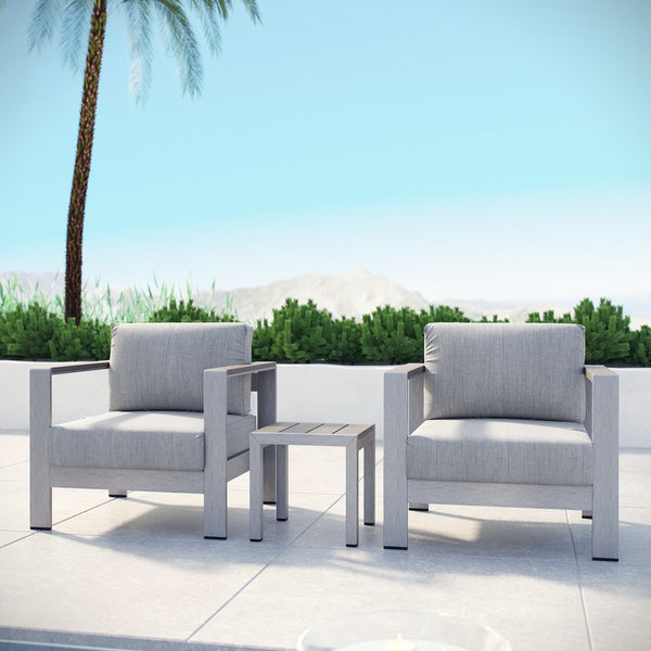 Modway Furniture Shore 3 Piece Outdoor Patio Aluminum Set - Modern Comfort with Weather-Resistant Cushions & Style Silver Gray EEI-2599-SLV-GRY