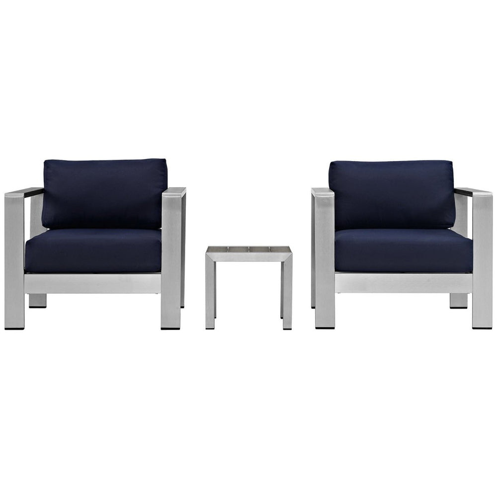 Modway Furniture Shore 3 Piece Outdoor Patio Aluminum Set - Modern Comfort with Weather-Resistant Cushions & Style Silver Navy EEI-2599-SLV-NAV