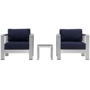 Modway Furniture Shore 3 Piece Outdoor Patio Aluminum Set - Modern Comfort with Weather-Resistant Cushions & Style Silver Navy EEI-2599-SLV-NAV