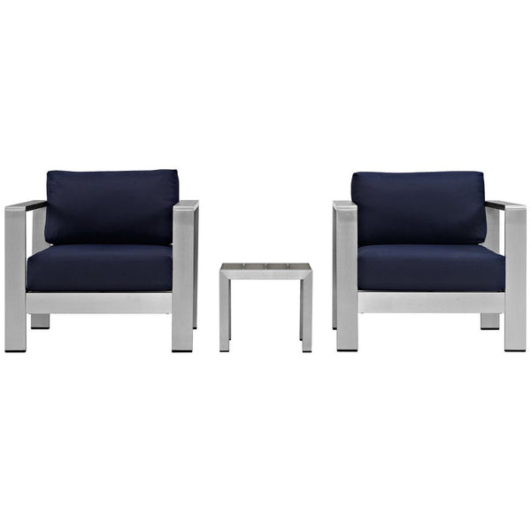 Modway Furniture Shore 3 Piece Outdoor Patio Aluminum Set - Modern Comfort with Weather-Resistant Cushions & Style Silver Navy EEI-2599-SLV-NAV