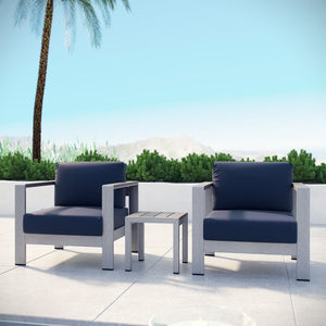 Modway Furniture Shore 3 Piece Outdoor Patio Aluminum Set - Modern Comfort with Weather-Resistant Cushions & Style Silver Navy EEI-2599-SLV-NAV