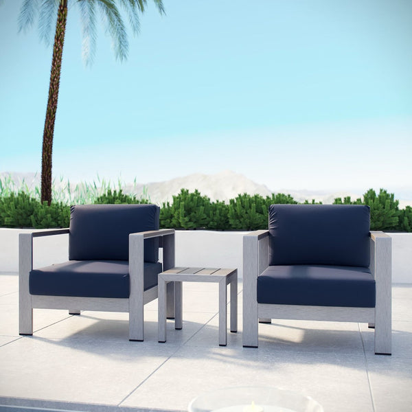 Modway Furniture Shore 3 Piece Outdoor Patio Aluminum Set - Modern Comfort with Weather-Resistant Cushions & Style Silver Navy EEI-2599-SLV-NAV