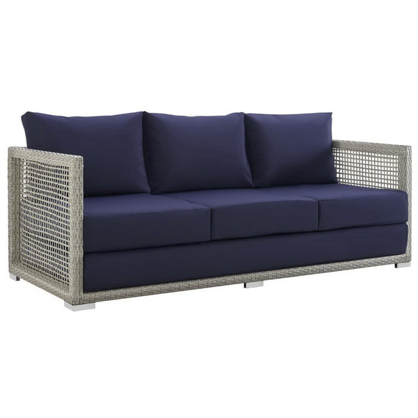Modway Furniture Aura Outdoor Patio Wicker Rattan Sofa - Stylish, Durable Seating for Ultimate Outdoor Comfort Gray Navy EEI-2923-GRY-NAV