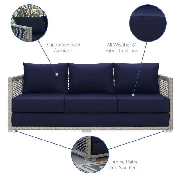Modway Furniture Aura Outdoor Patio Wicker Rattan Sofa - Stylish, Durable Seating for Ultimate Outdoor Comfort Gray Navy EEI-2923-GRY-NAV
