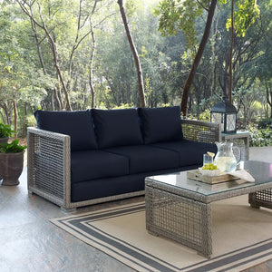 Modway Furniture Aura Outdoor Patio Wicker Rattan Sofa - Stylish, Durable Seating for Ultimate Outdoor Comfort Gray Navy EEI-2923-GRY-NAV