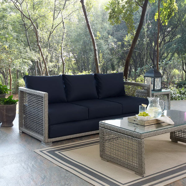 Modway Furniture Aura Outdoor Patio Wicker Rattan Sofa - Stylish, Durable Seating for Ultimate Outdoor Comfort Gray Navy EEI-2923-GRY-NAV