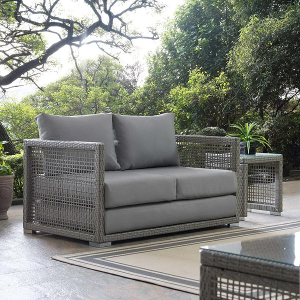 Modway Furniture Aura Outdoor Patio Wicker Rattan Loveseat - Weather-Resistant Comfort for Your Backyard Oasis Gray Gray EEI-2924-GRY-GRY