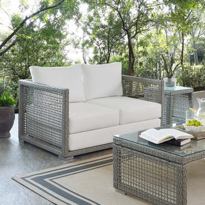 Modway Furniture Aura Outdoor Patio Wicker Rattan Loveseat - Weather-Resistant Comfort for Your Backyard Oasis Gray White EEI-2924-GRY-WHI
