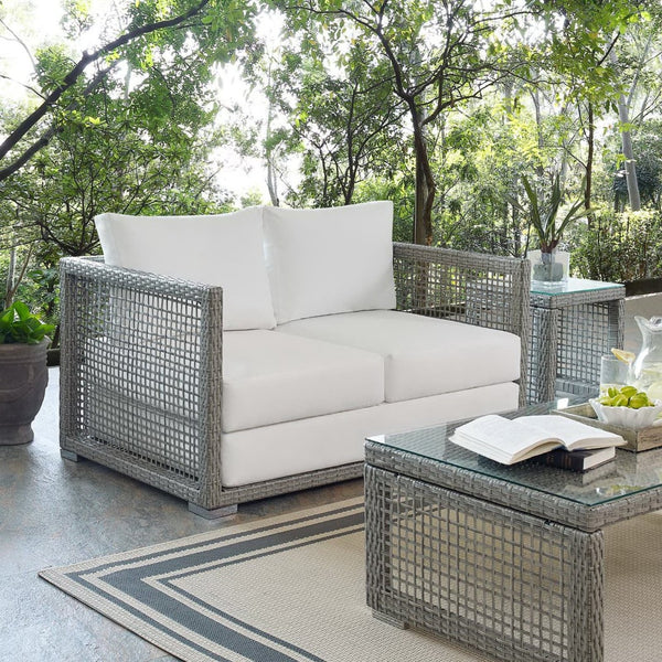 Modway Furniture Aura Outdoor Patio Wicker Rattan Loveseat - Weather-Resistant Comfort for Your Backyard Oasis Gray White EEI-2924-GRY-WHI