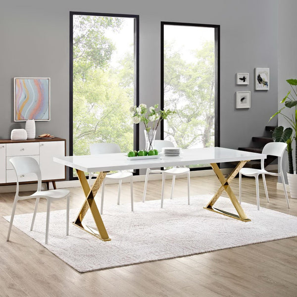 Modway Furniture Sector Dining Table by Modway - Luxurious White Gloss with Polished Gold X-Base for Modern Spaces EEI-3034-WHI