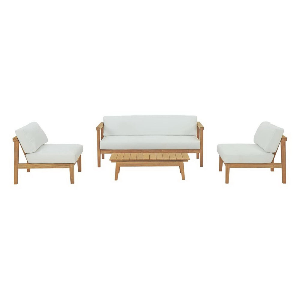 Modway Furniture Bayport 4-Piece Outdoor Teak Furniture Set with Plush Cushions for Stylish Patio Relaxation EEI-3107-NAT-WHI-SET