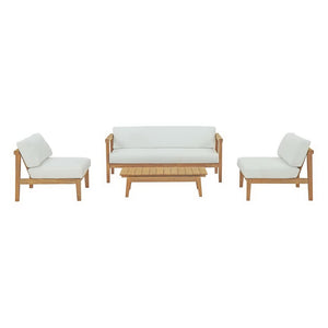 Modway Furniture Bayport 4-Piece Outdoor Teak Furniture Set with Plush Cushions for Stylish Patio Relaxation EEI-3107-NAT-WHI-SET