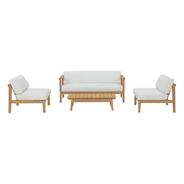 Modway Furniture Bayport 4-Piece Outdoor Teak Furniture Set with Plush Cushions for Stylish Patio Relaxation EEI-3107-NAT-WHI-SET