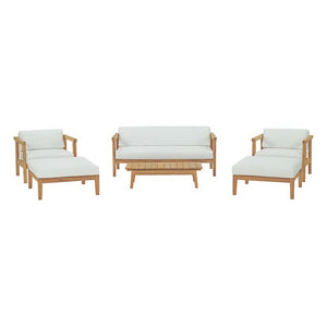 Modway Furniture Bayport 6 Piece Outdoor Teak Patio Set with Plush Cushions - Stylish, Durable, Weather-Resistant EEI-3109-NAT-WHI-SET
