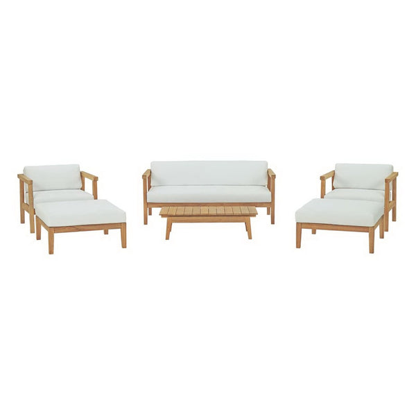 Modway Furniture Bayport 6 Piece Outdoor Teak Patio Set with Plush Cushions - Stylish, Durable, Weather-Resistant EEI-3109-NAT-WHI-SET