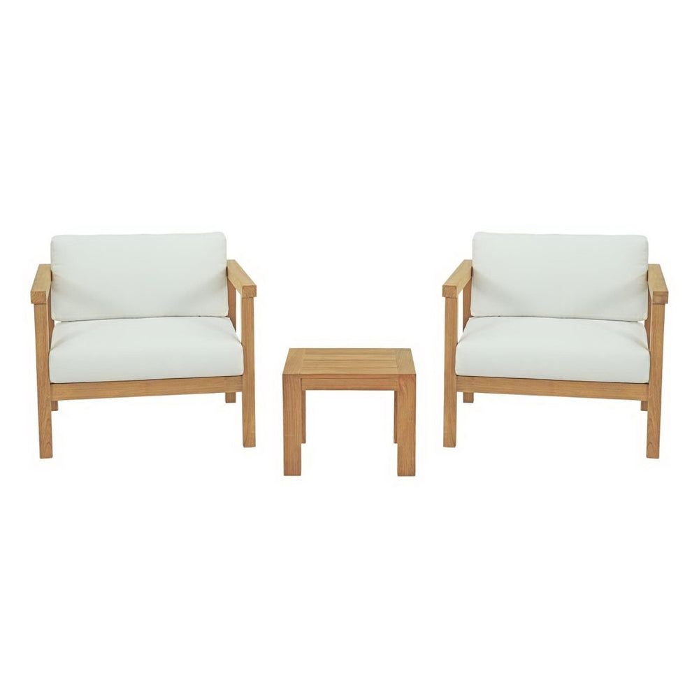 Modway Furniture Bayport 3-Piece Teak Outdoor Patio Set with Cushions – Weather-Resistant, Modern Comfort for Relaxation EEI-3112-NAT-WHI-SET